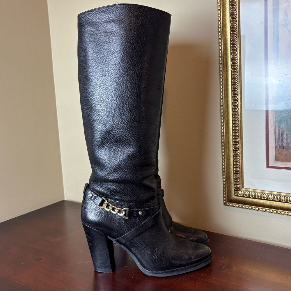 Kate Spade Montreal Black Leather Chain Link Tall 4" Heeled Boots Size 10 - Picture 4 of 15